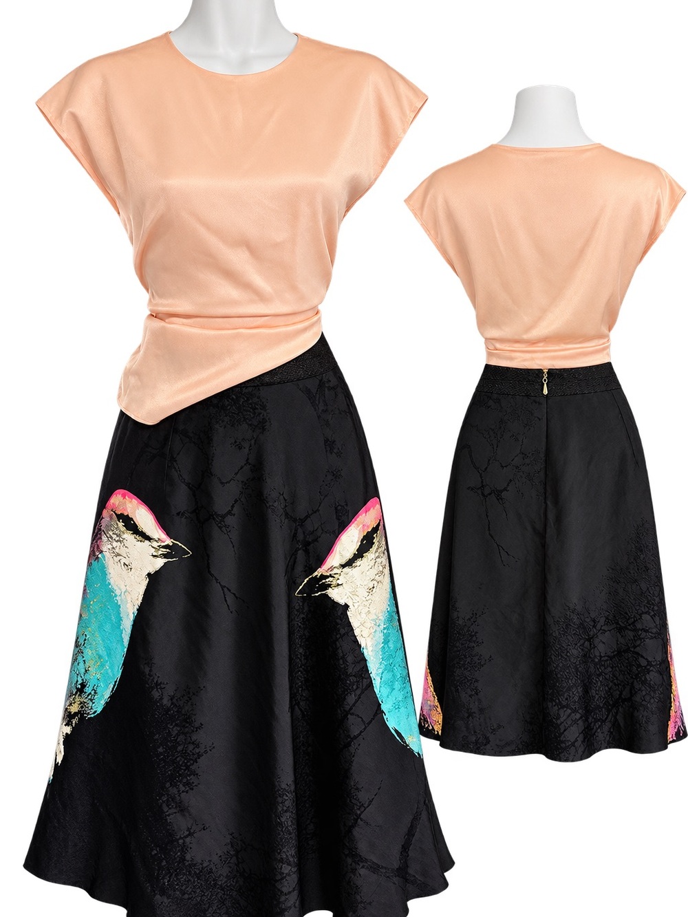 Anthropologie Black Skirt with Teal & Pink Bird Motif